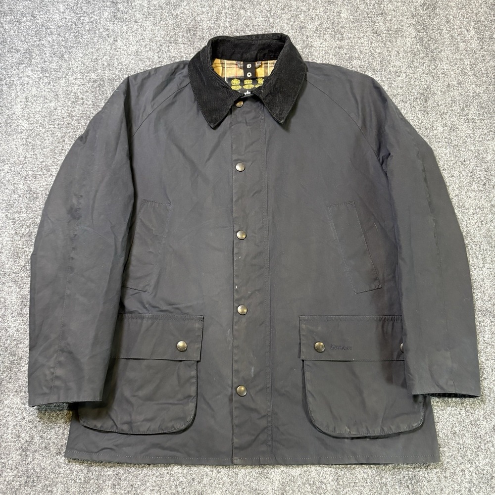 Barbour Classic Bedale Waxed Jacket Mens XL Navy Blue Plaid Lined Full Zip Chore